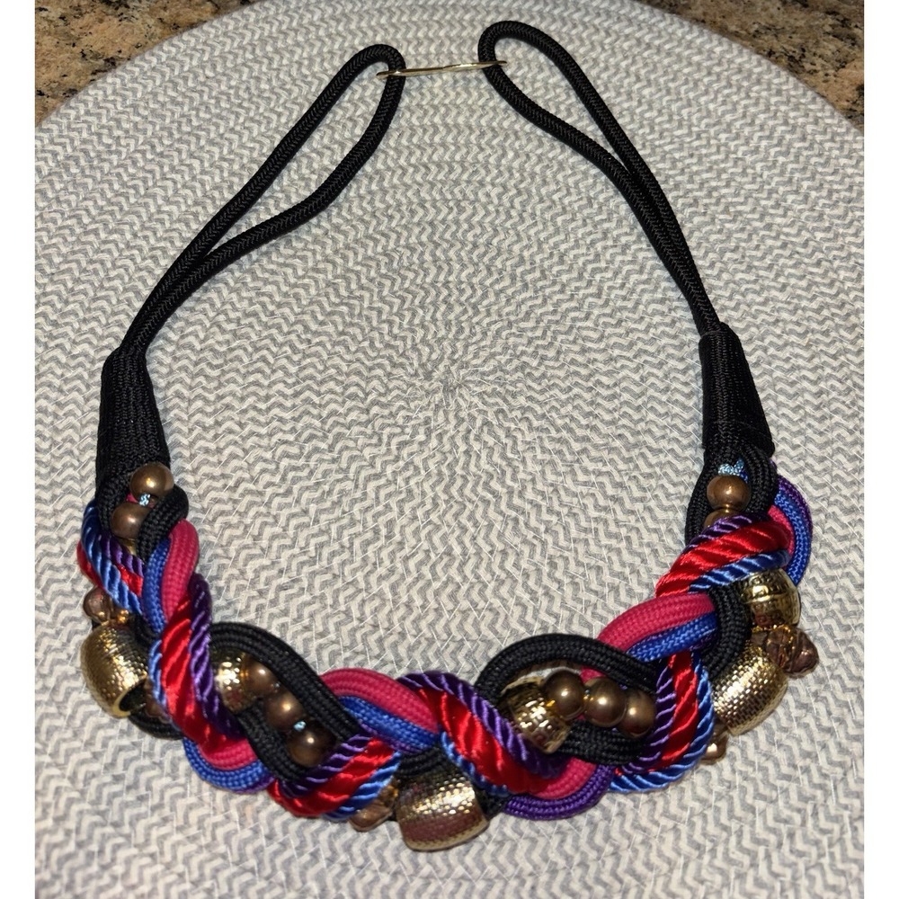 Vintage Boho Woven Cord Belt Multicolor Rope Braid Wood Beads Gold Hook 80s-90s